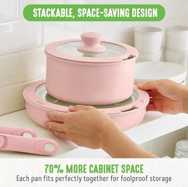 Alt view image 5 of 7 - GreenLife Click 10-Piece Ceramic Nonstick Cookware Set, Detachable Handle, Stackable Space Saving Kitchen Essential, Non Toxic PFAS-Free Pots & Pans, Induction & Oven Safe, Glass Lid, Light Pink