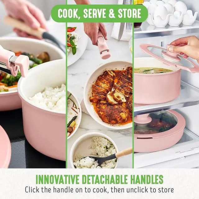 Alt view image 6 of 7 - GreenLife Click 10-Piece Ceramic Nonstick Cookware Set, Detachable Handle, Stackable Space Saving Kitchen Essential, Non Toxic PFAS-Free Pots & Pans, Induction & Oven Safe, Glass Lid, Light Pink
