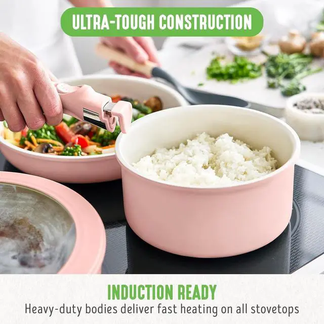Alt view image 7 of 7 - GreenLife Click 10-Piece Ceramic Nonstick Cookware Set, Detachable Handle, Stackable Space Saving Kitchen Essential, Non Toxic PFAS-Free Pots & Pans, Induction & Oven Safe, Glass Lid, Light Pink