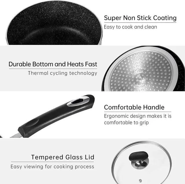 Alt view image 3 of 7 - Nonstick Saucepan Set with Lid, Non Stick 1Qt & 2Qt Sauce Pan Set with Glass Lid Small Pot for Home Kitchen,Black