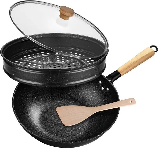 Main image of Non-Stick Wok with Steamer Basket,12 Inches Stir Fry Pans with Lid, Wok Pan Flat Bottom Multifunctional Cookware Chinese Wok for Induction, Gas, Halogen