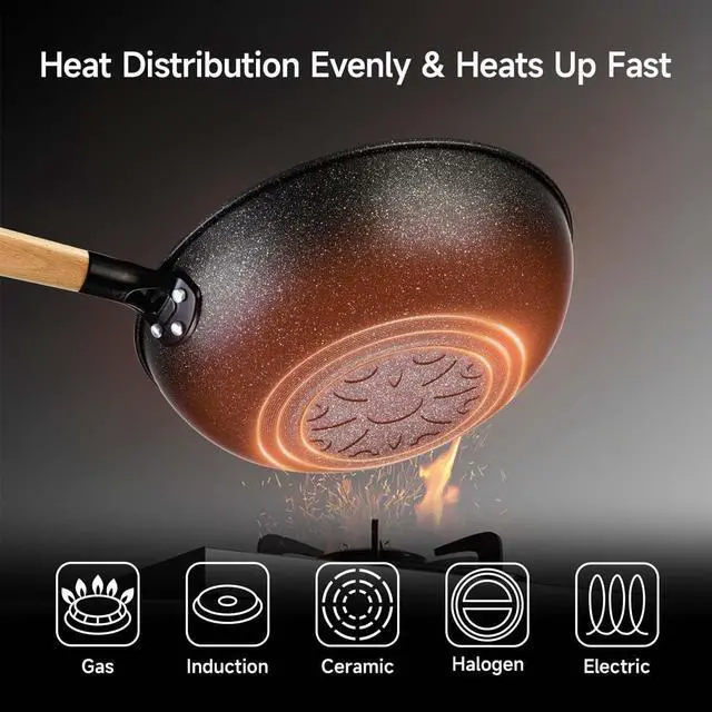 Alt view image 2 of 6 - Non-Stick Wok with Steamer Basket,12 Inches Stir Fry Pans with Lid, Wok Pan Flat Bottom Multifunctional Cookware Chinese Wok for Induction, Gas, Halogen