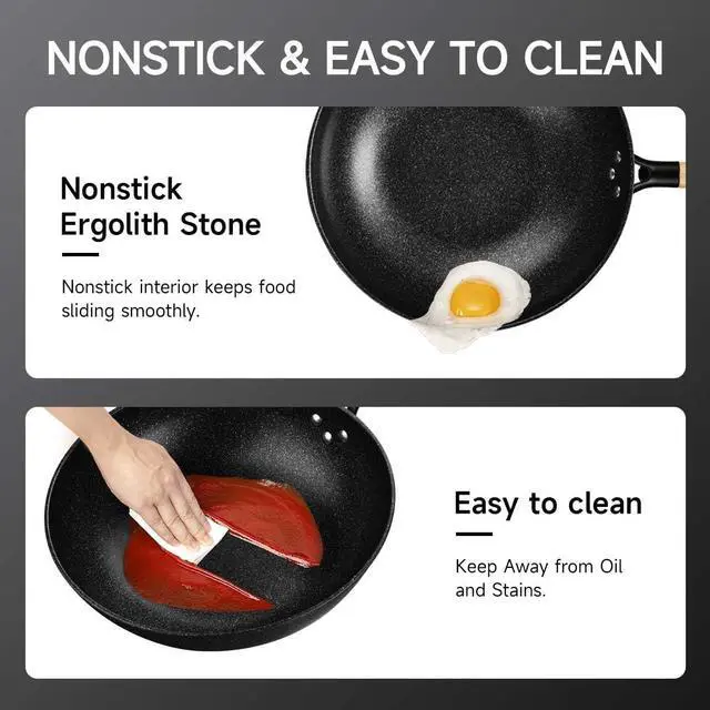 Alt view image 5 of 6 - Non-Stick Wok with Steamer Basket,12 Inches Stir Fry Pans with Lid, Wok Pan Flat Bottom Multifunctional Cookware Chinese Wok for Induction, Gas, Halogen