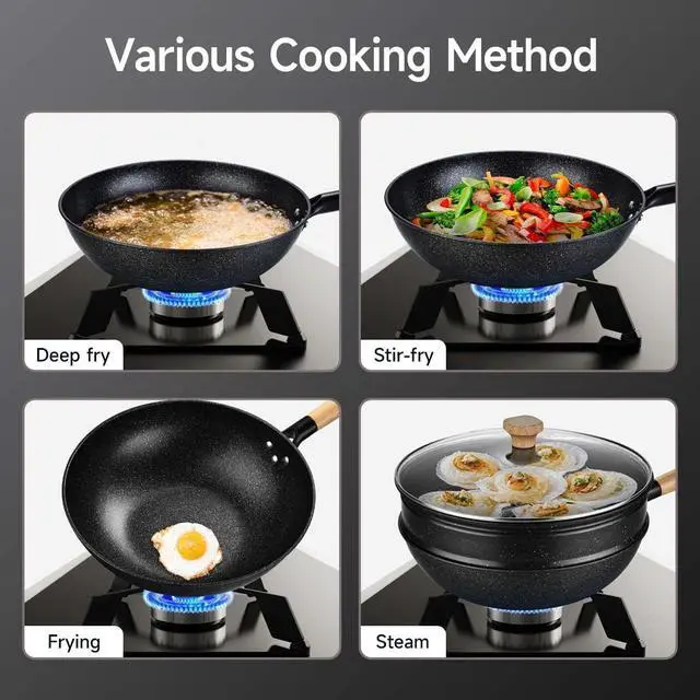 Alt view image 6 of 6 - Non-Stick Wok with Steamer Basket,12 Inches Stir Fry Pans with Lid, Wok Pan Flat Bottom Multifunctional Cookware Chinese Wok for Induction, Gas, Halogen