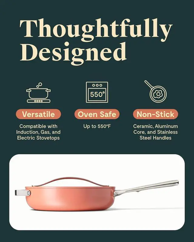 Alt view image 3 of 7 - Caraway Nonstick Ceramic Sauté Pan with Lid (4.5 qt, 11.8") - Non Toxic, PTFE & PFOA Free - Oven Safe & Compatible with All Stovetops (Gas, Electric & Induction) - Perracotta
