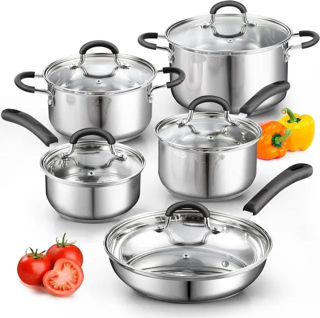 Main image of Cook N Home Stainless Steel Cookware Sets 10-Piece, Pots and Pans Kitchen Cooking Set with Stay-Cool Handles, Dishwasher Safe, Silver