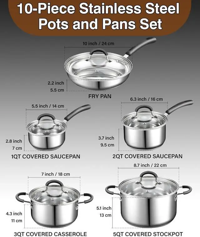 Alt view image 2 of 6 - Cook N Home Stainless Steel Cookware Sets 10-Piece, Pots and Pans Kitchen Cooking Set with Stay-Cool Handles, Dishwasher Safe, Silver