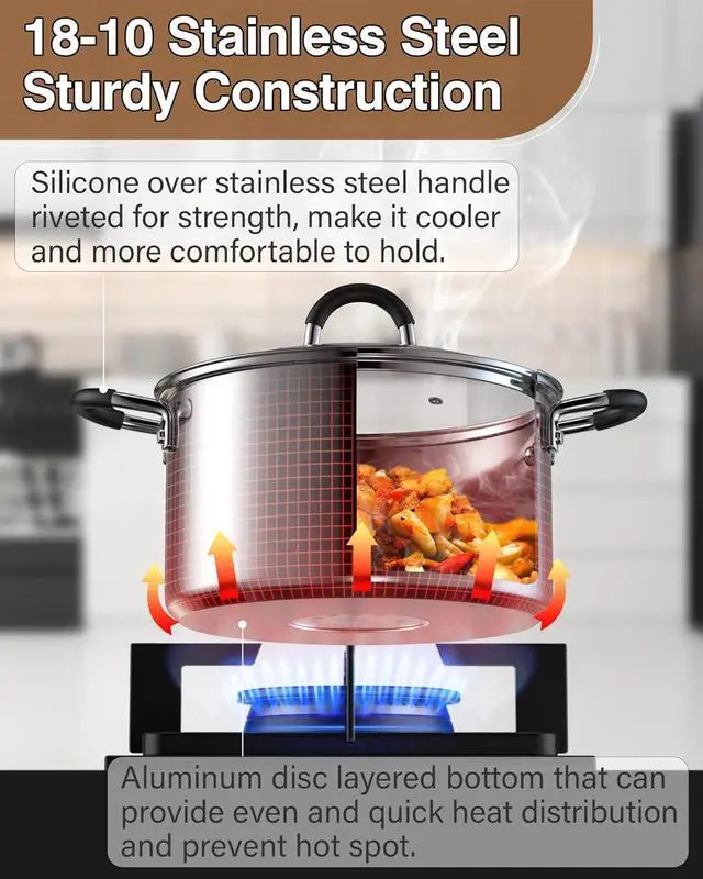 Alt view image 4 of 6 - Cook N Home Stainless Steel Cookware Sets 10-Piece, Pots and Pans Kitchen Cooking Set with Stay-Cool Handles, Dishwasher Safe, Silver