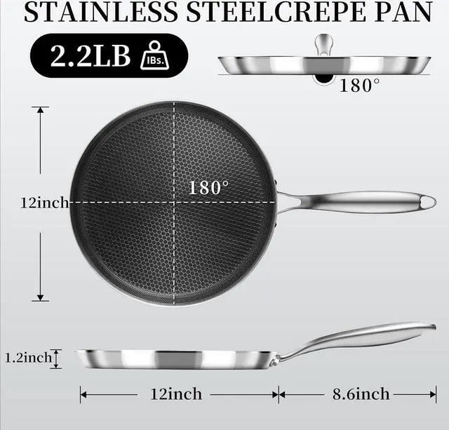 Alt view image 2 of 7 - Nonstick Crepe Pan 12 inch Stainless Steel Crepe Pan Honeycomb Coating Flat Skillet Tawa Dosa Tortilla Pan,Omelet Pan with All Stove Tops Available, Induction Compatible