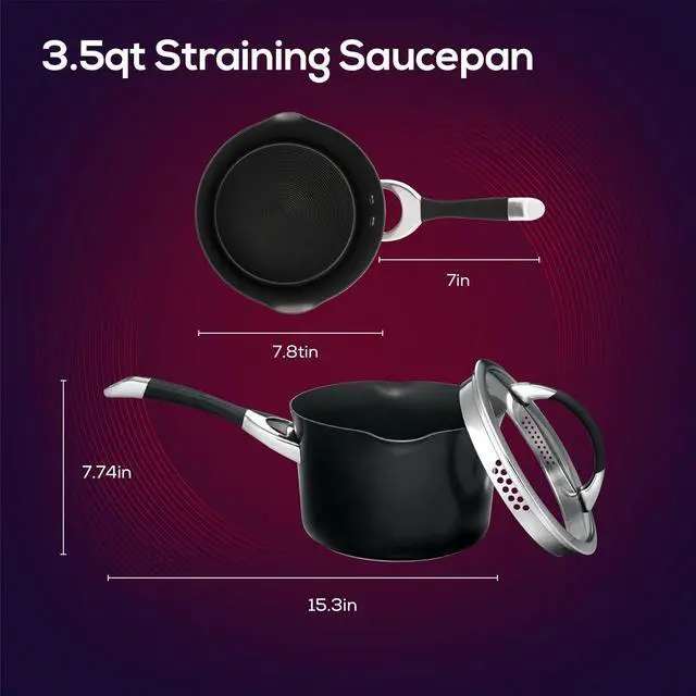 Alt view image 3 of 7 - Circulon - 83483 Circulon Symmetry Hard Anodized Nonstick Sauce Pan/Saucepan with Straining and Lid, 3.5 Quart, Black