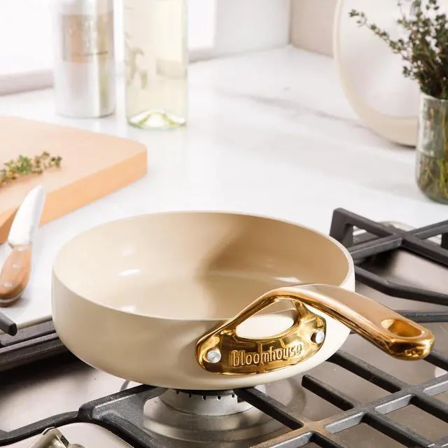 Alt view image 2 of 7 - Oprah's Favorite Things - 8 Inch Heavy Duty Aluminum Premium PFA Free Ceramic Nonstick Saute/Deep Frying Pan Skillet - Linen White with Gold Handle