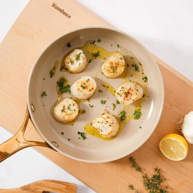 Alt view image 3 of 7 - Oprah's Favorite Things - 8 Inch Heavy Duty Aluminum Premium PFA Free Ceramic Nonstick Saute/Deep Frying Pan Skillet - Linen White with Gold Handle