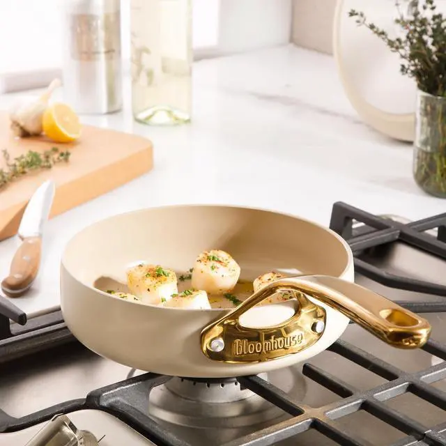 Alt view image 5 of 7 - Oprah's Favorite Things - 8 Inch Heavy Duty Aluminum Premium PFA Free Ceramic Nonstick Saute/Deep Frying Pan Skillet - Linen White with Gold Handle