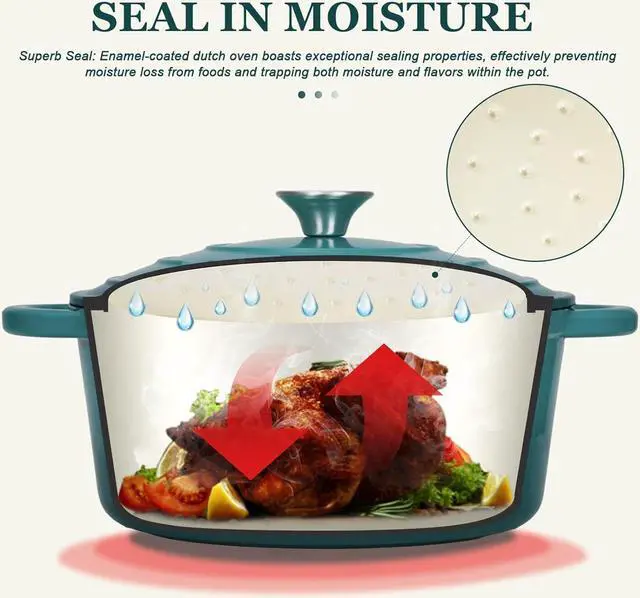 Alt view image 2 of 7 - Overmont Enameled Cast Iron Dutch Oven - 5.5QT Pot with Lid Cookbook & Cotton Potholders - Heavy-Duty Cookware for Braising, Stews, Roasting, Bread Baking bottle green