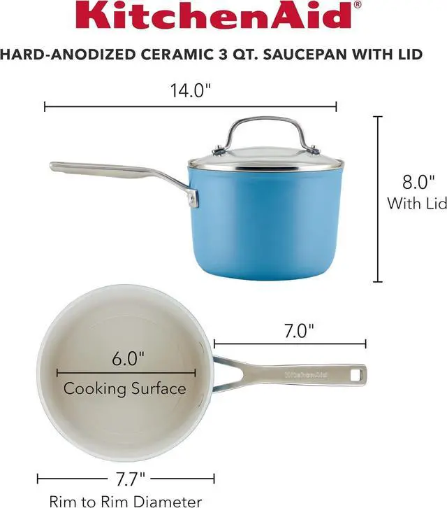 Alt view image 2 of 7 - KitchenAid Hard Anodized Ceramic Nonstick Cookware Sauce Pan with Lid, 3 Quart, Blue Velvet