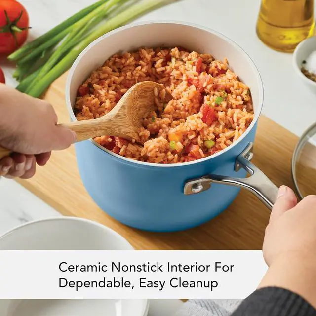 Alt view image 4 of 7 - KitchenAid Hard Anodized Ceramic Nonstick Cookware Sauce Pan with Lid, 3 Quart, Blue Velvet