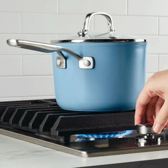 Alt view image 6 of 7 - KitchenAid Hard Anodized Ceramic Nonstick Cookware Sauce Pan with Lid, 3 Quart, Blue Velvet