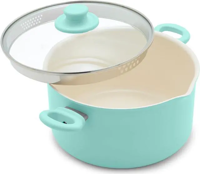 Main image of GreenLife 6QT Ceramic Nonstick Stockpot with Glass Straining Lid, PFAS & PFOA-Free, Dishwasher Safe, Stay-Cool Handles, Oven Safe to 350°F, Wobble-Free Base, Even Heating, Turquoise