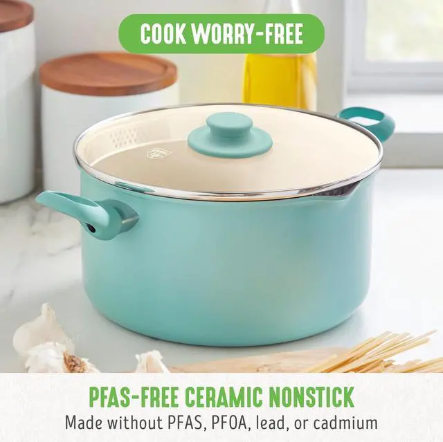 Alt view image 2 of 7 - GreenLife 6QT Ceramic Nonstick Stockpot with Glass Straining Lid, PFAS & PFOA-Free, Dishwasher Safe, Stay-Cool Handles, Oven Safe to 350°F, Wobble-Free Base, Even Heating, Turquoise