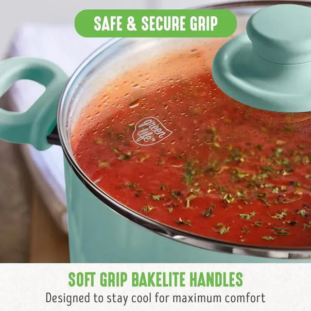 Alt view image 5 of 7 - GreenLife 6QT Ceramic Nonstick Stockpot with Glass Straining Lid, PFAS & PFOA-Free, Dishwasher Safe, Stay-Cool Handles, Oven Safe to 350°F, Wobble-Free Base, Even Heating, Turquoise