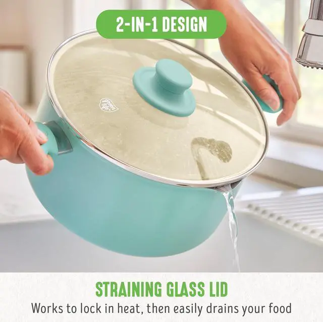 Alt view image 7 of 7 - GreenLife 6QT Ceramic Nonstick Stockpot with Glass Straining Lid, PFAS & PFOA-Free, Dishwasher Safe, Stay-Cool Handles, Oven Safe to 350°F, Wobble-Free Base, Even Heating, Turquoise
