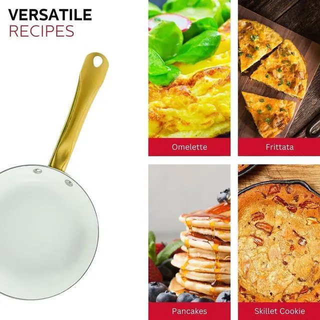 Alt view image 5 of 7 - Holstein Housewares 8-Inch Ceramic Nonstick Frying Pan Skillet, Elegant White and Gold Color Handle - Golden Elegance for Every Kitchen