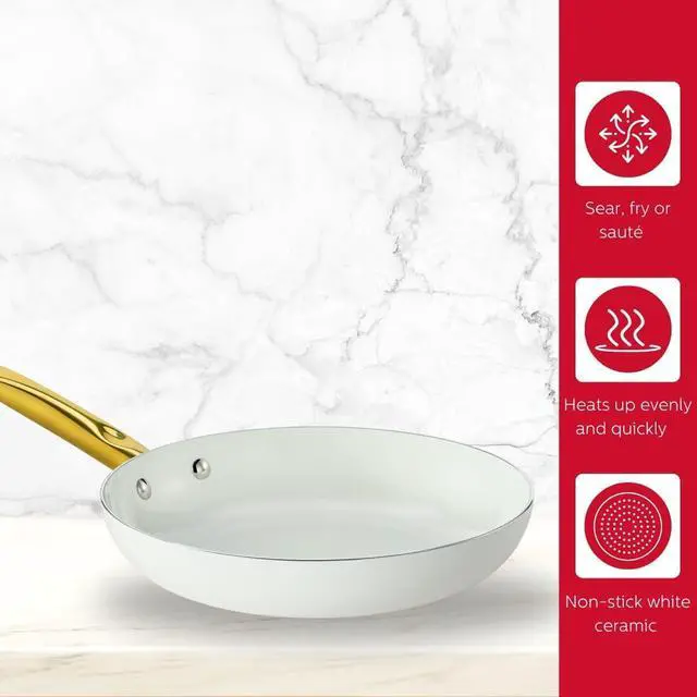 Alt view image 3 of 7 - Holstein Housewares 8-Inch Ceramic Nonstick Frying Pan Skillet, Elegant White and Gold Color Handle - Golden Elegance for Every Kitchen