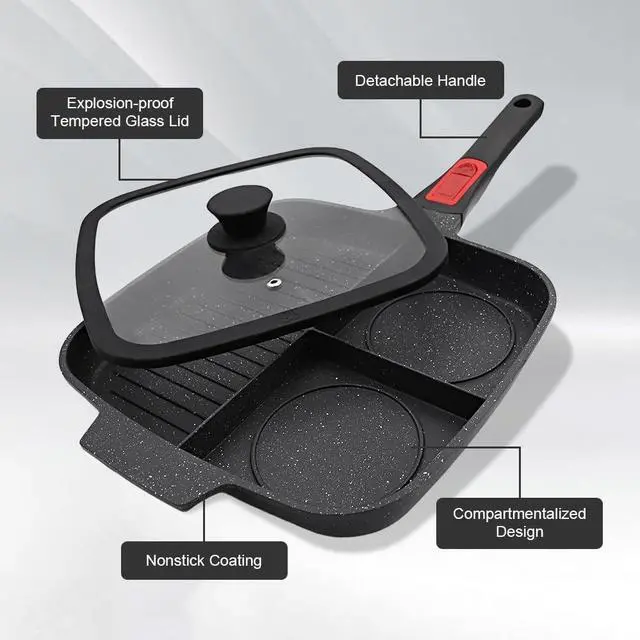 Alt view image 2 of 6 - 3 Section Grill Pan for Stove Tops with Detachable Handle, Nonstick Versatile Griddle Pan with Lid, Square Skillet PFOA Free, Black