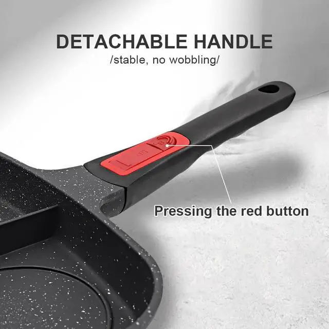 Alt view image 4 of 6 - 3 Section Grill Pan for Stove Tops with Detachable Handle, Nonstick Versatile Griddle Pan with Lid, Square Skillet PFOA Free, Black