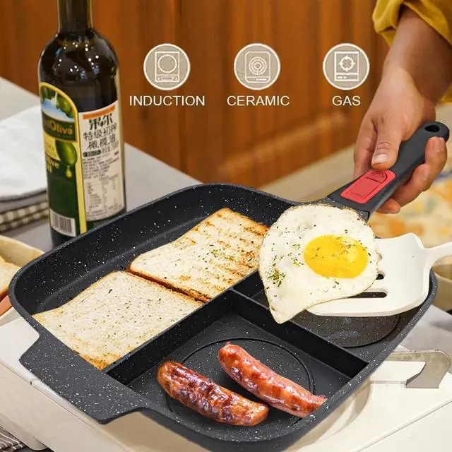Alt view image 5 of 6 - 3 Section Grill Pan for Stove Tops with Detachable Handle, Nonstick Versatile Griddle Pan with Lid, Square Skillet PFOA Free, Black