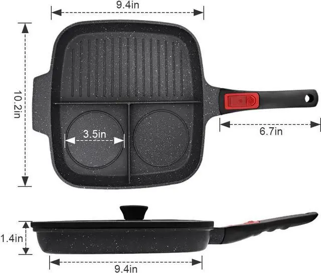 Alt view image 6 of 6 - 3 Section Grill Pan for Stove Tops with Detachable Handle, Nonstick Versatile Griddle Pan with Lid, Square Skillet PFOA Free, Black
