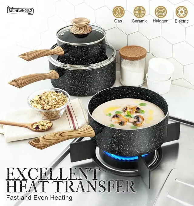 Alt view image 4 of 7 - MICHELANGELO Saucepan Set, Nonstick Sauce Pans with Granite Coatings, Stone Sauce Pan with Lids, Non Stick Pot Sets, Sauce Pots 3 Piece, 1Qt, 2Qt & 3Qt