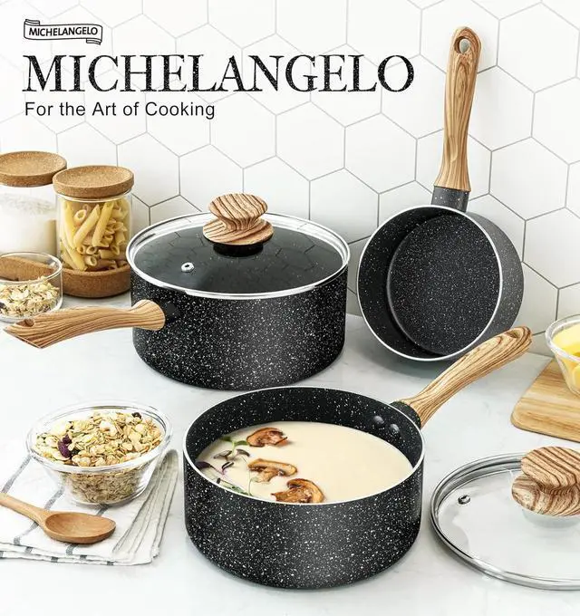 Alt view image 6 of 7 - MICHELANGELO Saucepan Set, Nonstick Sauce Pans with Granite Coatings, Stone Sauce Pan with Lids, Non Stick Pot Sets, Sauce Pots 3 Piece, 1Qt, 2Qt & 3Qt