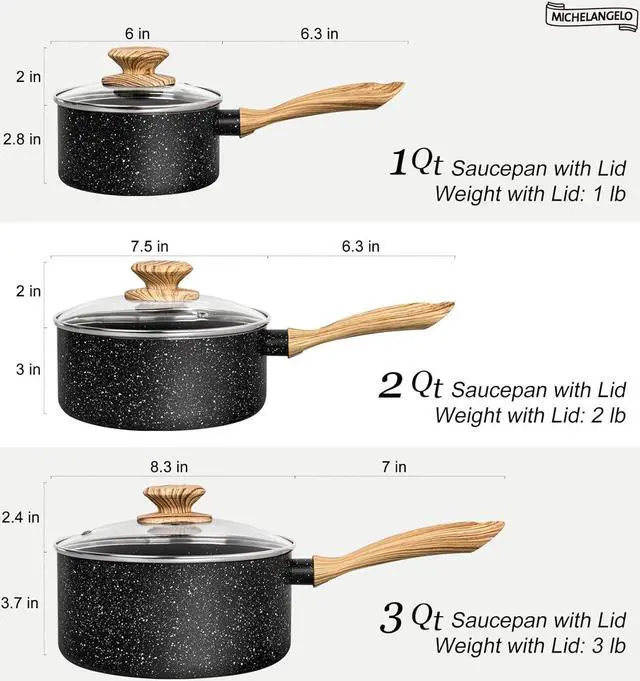Alt view image 7 of 7 - MICHELANGELO Saucepan Set, Nonstick Sauce Pans with Granite Coatings, Stone Sauce Pan with Lids, Non Stick Pot Sets, Sauce Pots 3 Piece, 1Qt, 2Qt & 3Qt