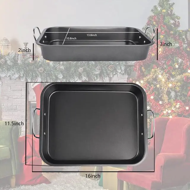 Alt view image 2 of 7 - Kitcom Nonstick Roasting Pan with Rack, 16 Inch x 11.5 Inch Rectangular Roaster Set for Roasting Turkey, Chicken, Meat and Veggies, Gray