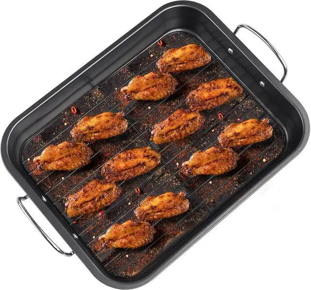 Alt view image 5 of 7 - Kitcom Nonstick Roasting Pan with Rack, 16 Inch x 11.5 Inch Rectangular Roaster Set for Roasting Turkey, Chicken, Meat and Veggies, Gray