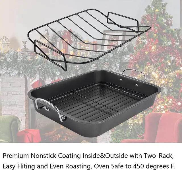 Alt view image 6 of 7 - Kitcom Nonstick Roasting Pan with Rack, 16 Inch x 11.5 Inch Rectangular Roaster Set for Roasting Turkey, Chicken, Meat and Veggies, Gray