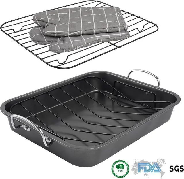 Alt view image 7 of 7 - Kitcom Nonstick Roasting Pan with Rack, 16 Inch x 11.5 Inch Rectangular Roaster Set for Roasting Turkey, Chicken, Meat and Veggies, Gray