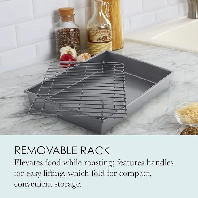 Alt view image 3 of 6 - Chicago Metallic Pro Non-Stick Roast and Broil Baking Pan with Rack, 13-Inch-by-9-Inch, Dark Gray