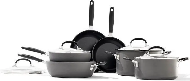 Main image of OXO Good Grips 10 Piece Cookware Pots and Pans Set, 3-Layered German Engineered Nonstick Coating, Stainless Steel Handle with Nonslip Silicone, Gray