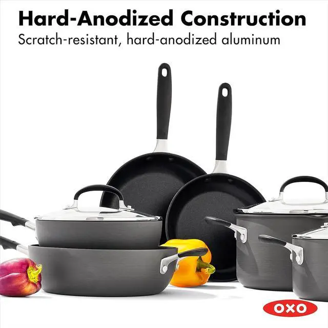 Alt view image 3 of 7 - OXO Good Grips 10 Piece Cookware Pots and Pans Set, 3-Layered German Engineered Nonstick Coating, Stainless Steel Handle with Nonslip Silicone, Gray