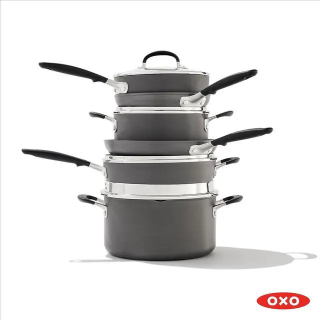 Alt view image 6 of 7 - OXO Good Grips 10 Piece Cookware Pots and Pans Set, 3-Layered German Engineered Nonstick Coating, Stainless Steel Handle with Nonslip Silicone, Gray