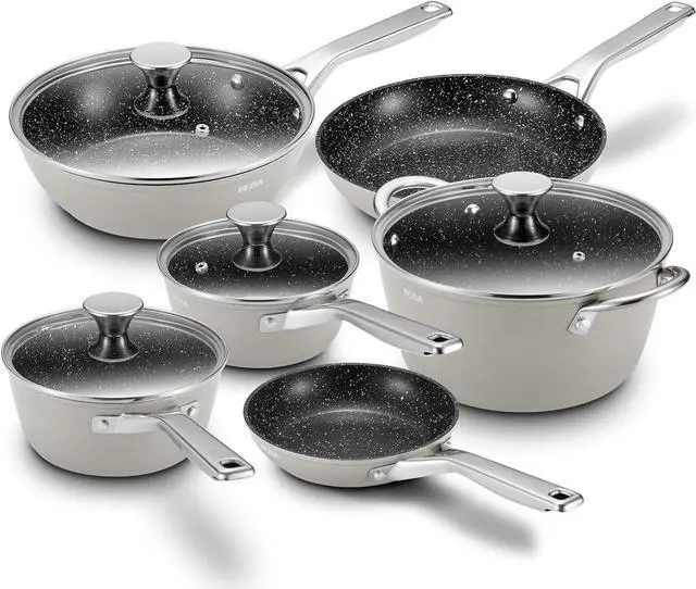 Main image of Induction Cookware Nonstick, BEZIA Pots and Pans Set for Induction Cooktop, Compatible with All Stoves, Dishwasher Safe Kitchen Cooking Pan Set with Frying Pans, Saucepans & Stockpot, 10-Piece (Grey)