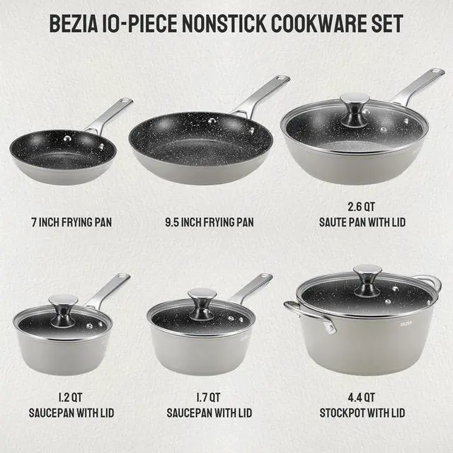 Alt view image 2 of 7 - Induction Cookware Nonstick, BEZIA Pots and Pans Set for Induction Cooktop, Compatible with All Stoves, Dishwasher Safe Kitchen Cooking Pan Set with Frying Pans, Saucepans & Stockpot, 10-Piece (Grey)