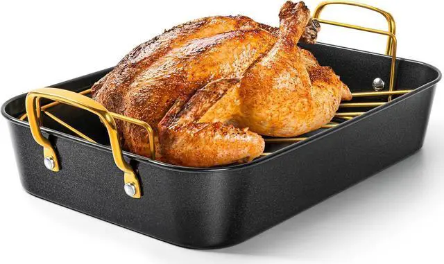 Main image of MICHELANGELO Roasting Pan with Rack, Carbon Steel Turkey Roasting Pan for Oven and Induction, Nonstick Turkey Roaster Pan with Stainless Steel Golden Rack & Golden Handle, 15 Inch x 11 Inch