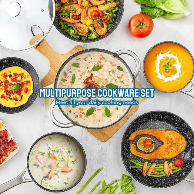 Alt view image 7 of 7 - Induction Cookware Nonstick, BEZIA Pots and Pans Set for Induction Cooktop, Compatible with All Stoves, Dishwasher Safe Kitchen Cooking Pan Set with Frying Pans, Saucepans & Stockpot, 10-Piece (Grey)