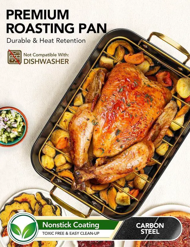 Alt view image 2 of 7 - MICHELANGELO Roasting Pan with Rack, Carbon Steel Turkey Roasting Pan for Oven and Induction, Nonstick Turkey Roaster Pan with Stainless Steel Golden Rack & Golden Handle, 15 Inch x 11 Inch