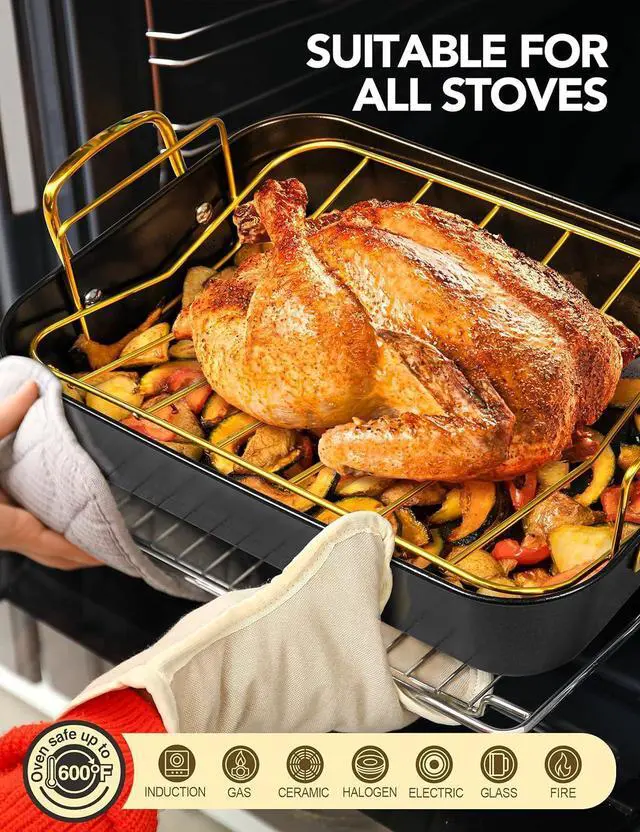 Alt view image 5 of 7 - MICHELANGELO Roasting Pan with Rack, Carbon Steel Turkey Roasting Pan for Oven and Induction, Nonstick Turkey Roaster Pan with Stainless Steel Golden Rack & Golden Handle, 15 Inch x 11 Inch