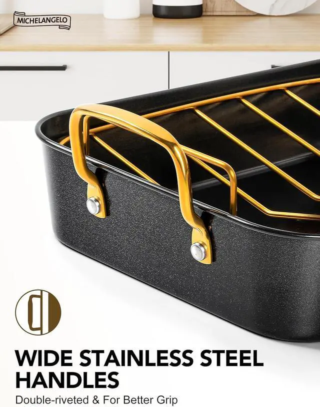 Alt view image 4 of 7 - MICHELANGELO Roasting Pan with Rack, Carbon Steel Turkey Roasting Pan for Oven and Induction, Nonstick Turkey Roaster Pan with Stainless Steel Golden Rack & Golden Handle, 15 Inch x 11 Inch