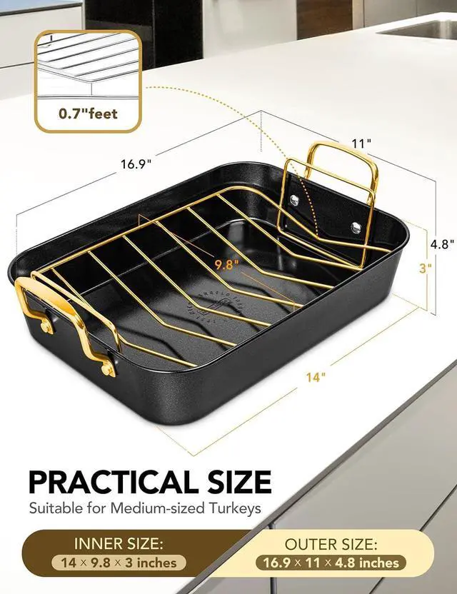 Alt view image 6 of 7 - MICHELANGELO Roasting Pan with Rack, Carbon Steel Turkey Roasting Pan for Oven and Induction, Nonstick Turkey Roaster Pan with Stainless Steel Golden Rack & Golden Handle, 15 Inch x 11 Inch
